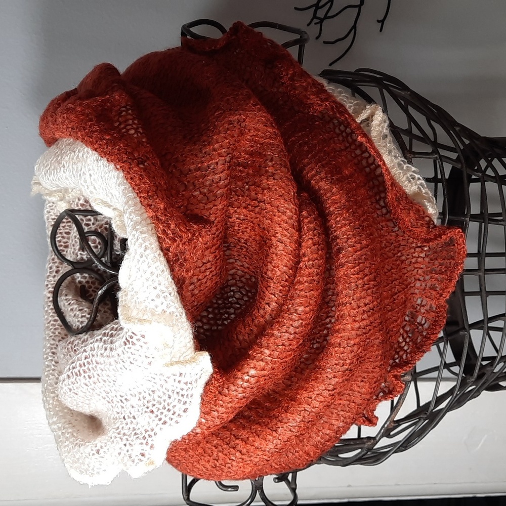 Cowl Scarf Two Tone Rust Cream Warm Cozy Woven Soft Acrylic Washable Beautiful